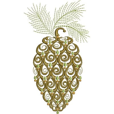 An embroidery design of a decorative pinecone adorned with intricate swirls and accentuated by green leaves.