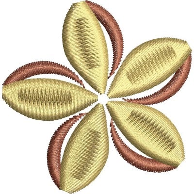 An embroidery design of a symmetrical flower featuring golden petals interspersed with brown accents.