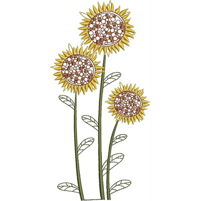 An embroidery design of three vibrant sunflowers with intricate seed patterns and green stems and leaves.