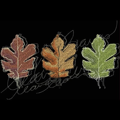An embroidery design of three stylized leaves in shades of red, orange, and green, with delicate stitching details.