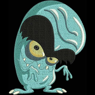 An embroidery design of a quirky, green monster with large yellow eyes and a mischievous grin, featuring sharp teeth and a distinct black hairstyle.