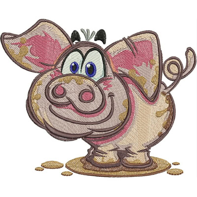 An embroidery design of a cheerful, cartoon-style pig with exaggerated features, including a big smile and playful eyes, standing in a puddle.