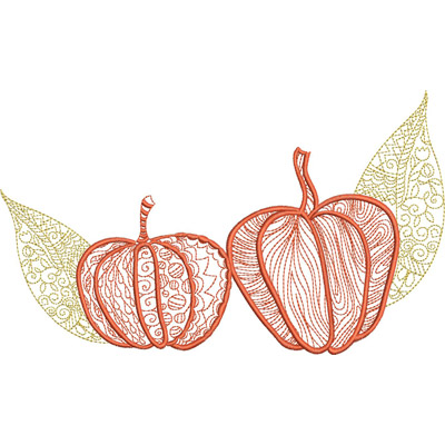 An embroidery design of two intricately patterned pumpkins with decorative leaves.