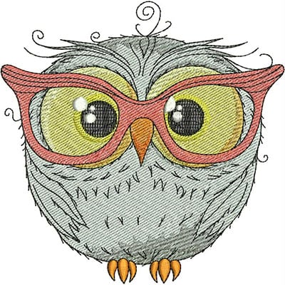 An embroidery design of a cute owl wearing oversized pink glasses with large, expressive eyes.