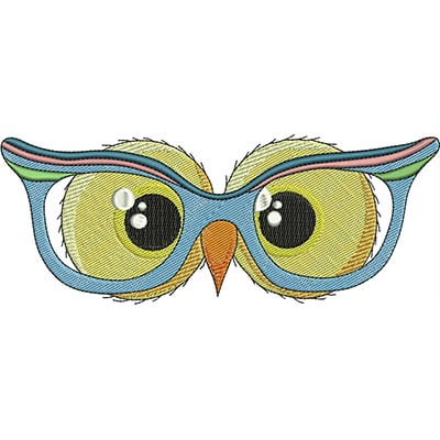 An embroidery design of a whimsical pair of glasses with large, colorful owl eyes.