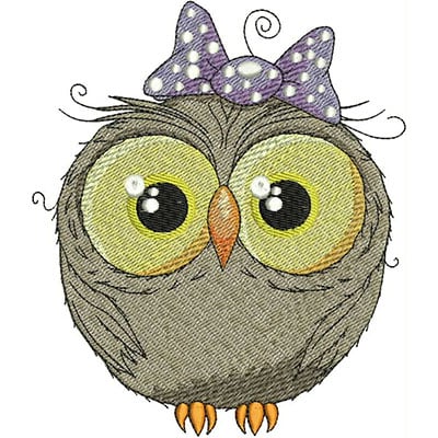 An embroidery design of a cute owl with large, expressive eyes and a purple polka-dotted bow on its head.