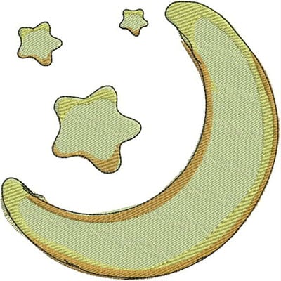 An embroidery design of a crescent moon accompanied by two stars, featuring soft green and light brown colors.