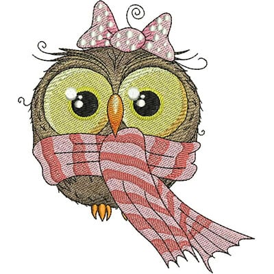 An embroidery design of a cute owl wearing a pink bow and a striped scarf, featuring large expressive eyes and a cheerful expression.