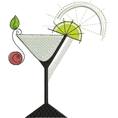 An embroidery design of a stylized cocktail glass featuring a lime wedge, a cherry, and a leaf in vibrant colors.