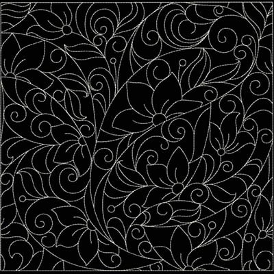 An embroidery design of intricate swirling floral patterns featuring large blossoms and delicate vines.