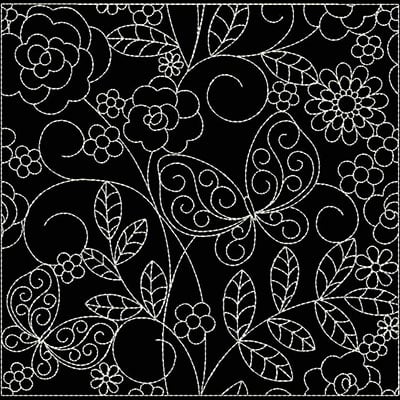 An embroidery design of intricate floral patterns and swirling vines featuring butterflies and a variety of blossoms.