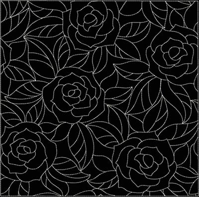 An embroidery design of intricate roses surrounded by delicate leaves, created in a stylized outline.