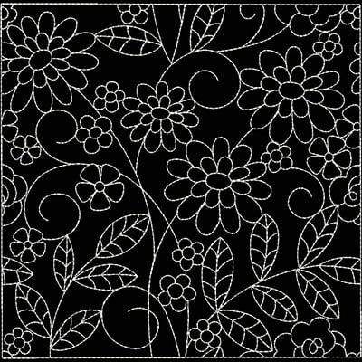 An embroidery design of intricate floral patterns featuring various flowers and leaves in white on a black background.