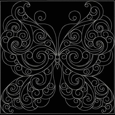 An embroidery design of an intricately detailed butterfly formed by elegant swirls and curves.
