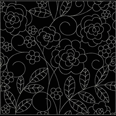 An embroidery design of intricate floral patterns featuring roses and leaves in white thread against a dark background.