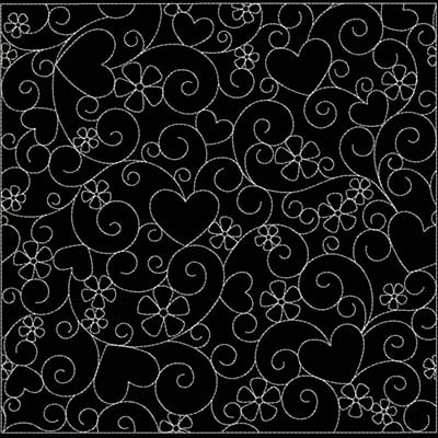An embroidery design of interwoven hearts and flowers, creating a playful and intricate pattern.