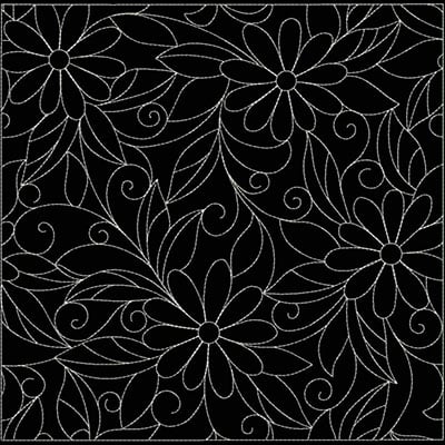 An embroidery design of intricate floral patterns featuring large flowers and swirling leaves.