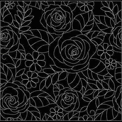 An embroidery design of intricate roses and leafy elements interspersed with small flowers.