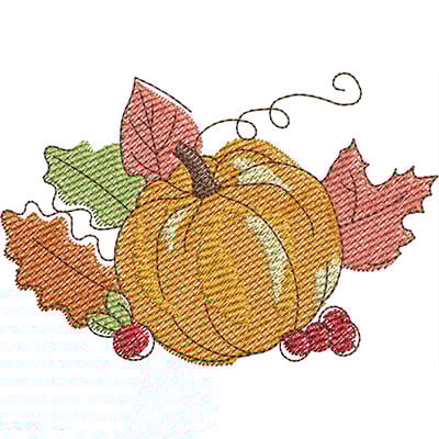 An embroidery design of a vibrant pumpkin surrounded by colorful autumn leaves and berries.