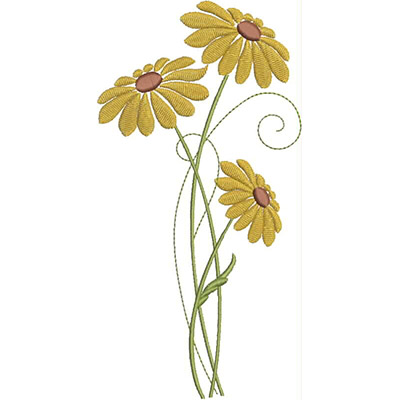An embroidery design of three vibrant yellow flowers with brown centers and delicate green stems.