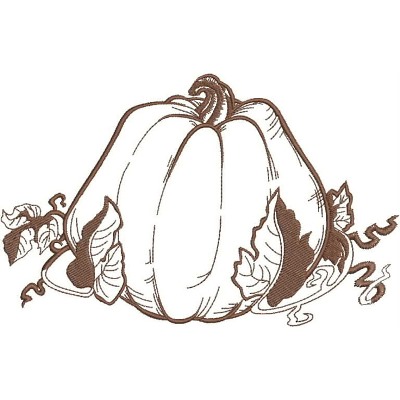 An embroidery design of a detailed pumpkin surrounded by twisting vines and leaves.