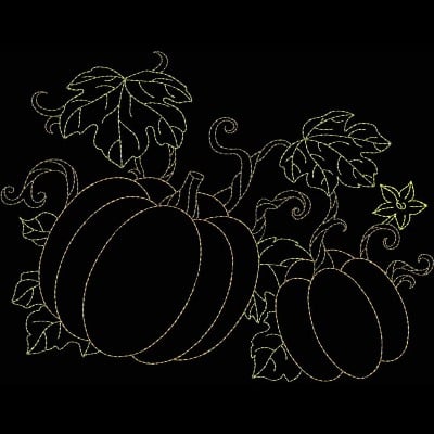 An embroidery design of two pumpkins intertwined with leaves and vines, showcasing a seasonal theme.