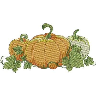 An embroidery design of several pumpkins in varying shades of orange and green, accompanied by leafy vines.