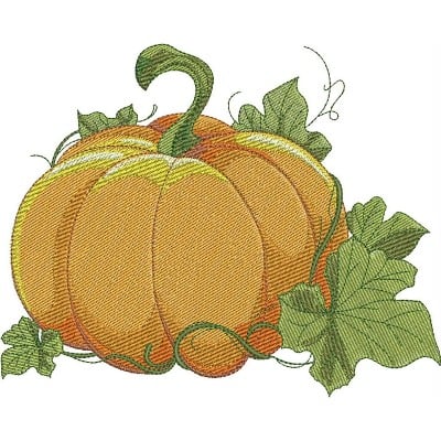 An embroidery design of a vibrant orange pumpkin surrounded by green leaves and tendrils.