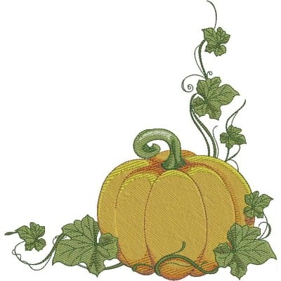 An embroidery design of a plump orange pumpkin adorned with swirling green vines and leaves.