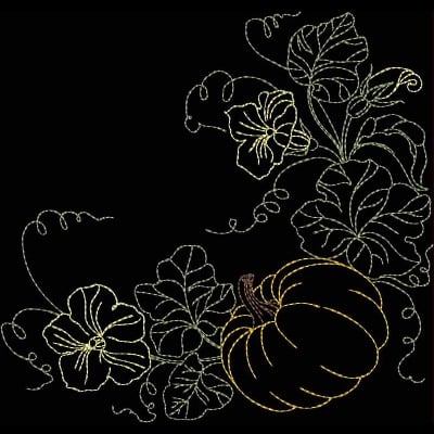 An embroidery design of a pumpkin surrounded by decorative leaves and flowers, featuring intricate outlines in contrasting colors.