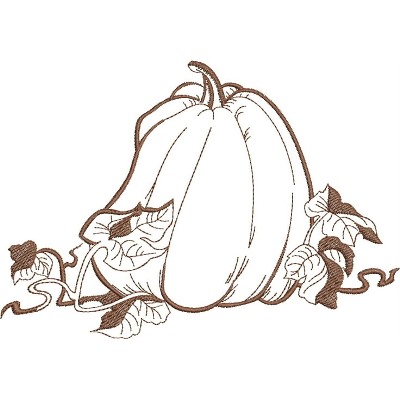 An embroidery design of a pumpkin with curling vines and leaves.