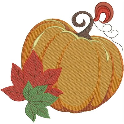 An embroidery design of a plump orange pumpkin adorned with red and green leaves, featuring a whimsical curly vine and a small swirl detail.