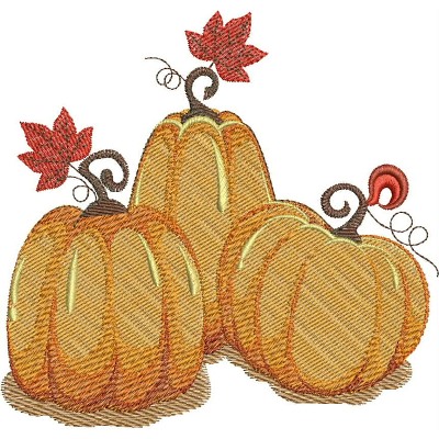 An embroidery design of three pumpkins, adorned with curly vines and colorful autumn leaves.