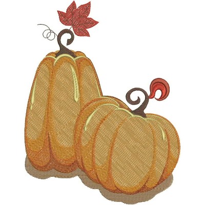 An embroidery design of two decorative pumpkins with curly stems and a small autumn leaf.