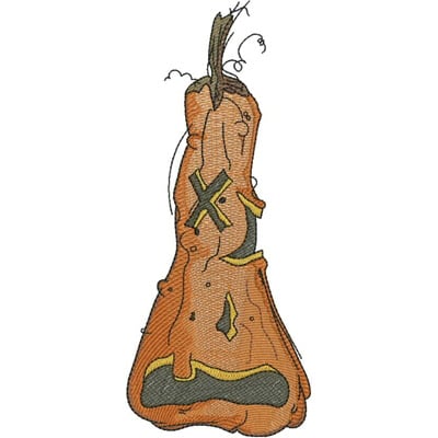 An embroidery design of a whimsical pumpkin with carved features and a leafy stem.