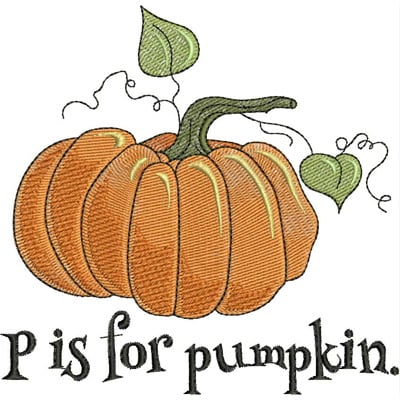 An embroidery design of a plump orange pumpkin with green leaves and vines, accompanied by the text "P is for pumpkin."