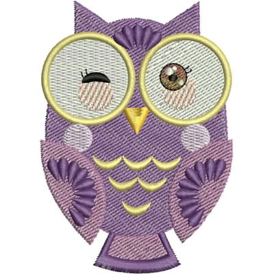 An embroidery design of a cute purple owl with large, expressive eyes and a playful wink.