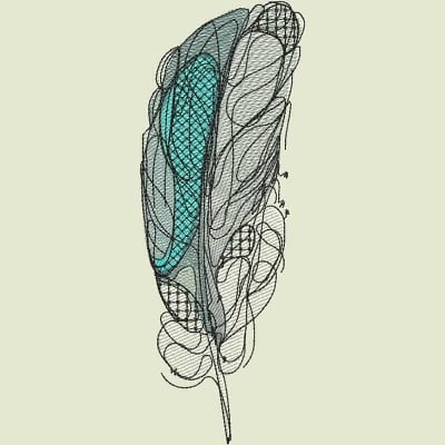 An embroidery design of a stylized feather featuring intricate lines and a vibrant turquoise accent.