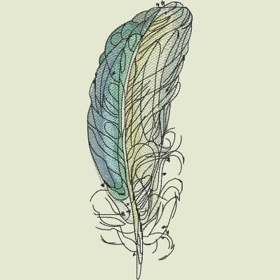 An embroidery design of a delicate feather featuring intricate lines and a blend of green and yellow hues.