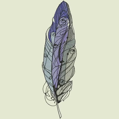 An embroidery design of an intricately detailed feather featuring shades of blue and green with swirling linework.