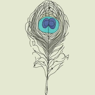An embroidery design of a stylized peacock feather featuring intricate outlines and vibrant blue accents.