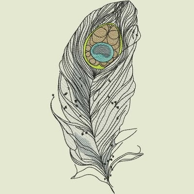 An embroidery design of an intricate peacock feather featuring delicate outlines and colorful accents in the eye of the feather.