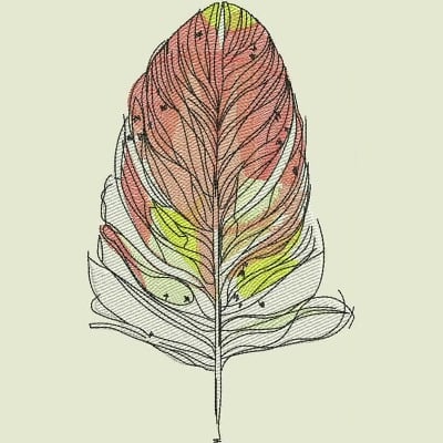 An embroidery design of a stylized leaf featuring intricate lines and a blend of warm and cool colors.