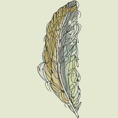 An embroidery design of a detailed feather showcasing shades of green, gold, and gray.