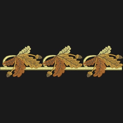 An embroidery design of three stylized oak leaves in shades of gold and orange, connected by a delicate line.