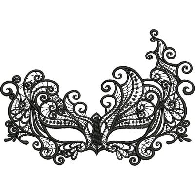 An embroidery design of an intricate black lace mask with flowing swirls and elegant patterns.