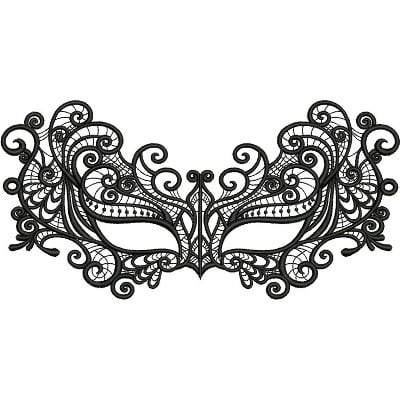 An embroidery design of an intricate black masquerade mask featuring swirling patterns and delicate details.