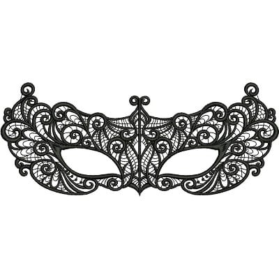 An embroidery design of an intricate black masquerade mask featuring elegant swirls and detailed lace patterns.