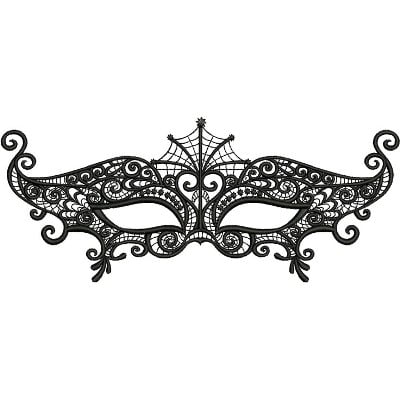 An embroidery design of an intricate black masquerade mask adorned with elegant swirls and a spider web motif.