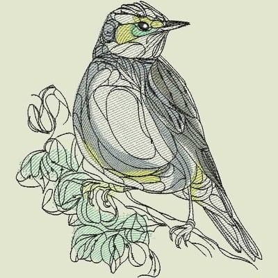 An embroidery design of a stylized bird perched on a branch, featuring delicate lines and a blend of gray, green, and yellow hues.